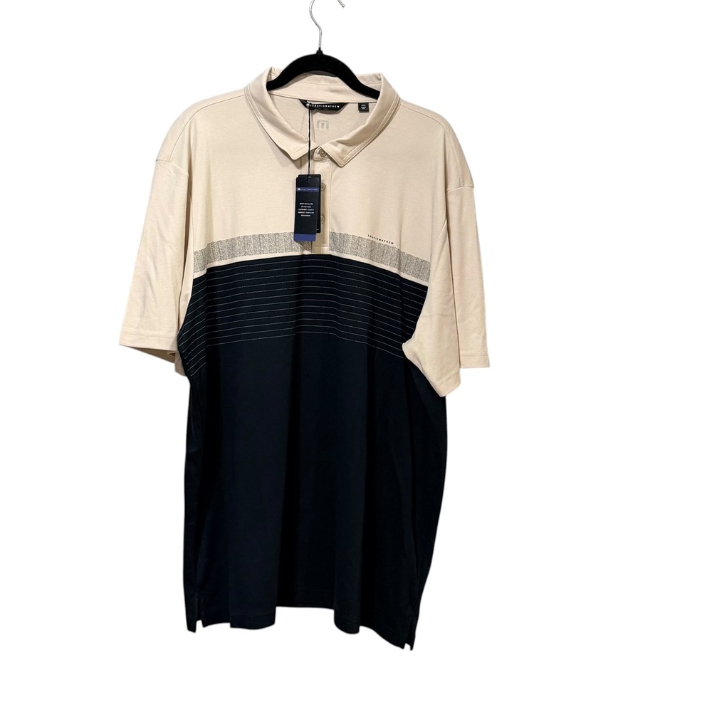 TravisMathew Mens XXXL Tan Black Colorblock Striped Short Sleeve Polo Shirt NWT